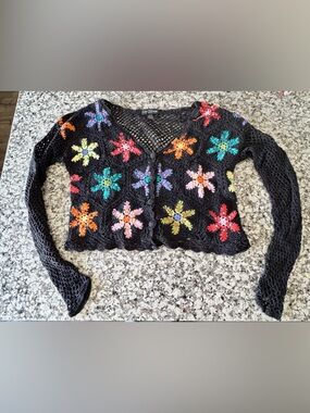 Black Crochet Floral Button Cardigan - Multicolor Flowers Festival Fairycore